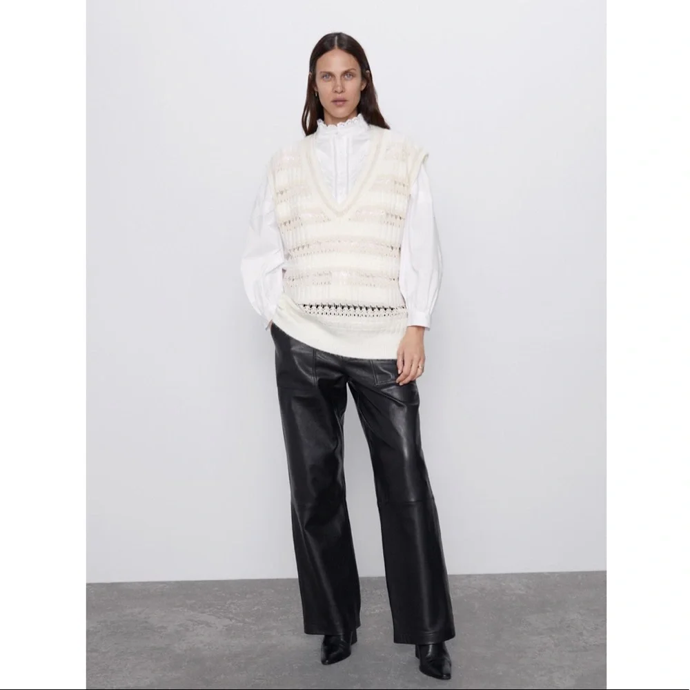 NWT ZARA COMBINATION POINTELLE VEST Sweater Top Super Oversize M Ivory